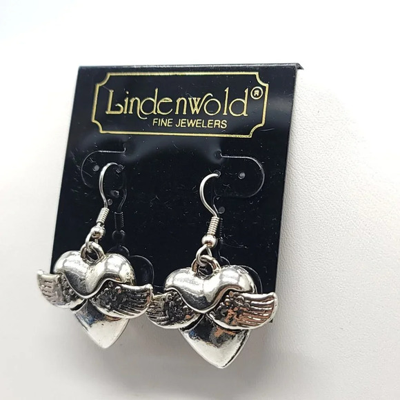 Lindenwold Silver Tone Winged Heart Dangle Earrings Halloween - Picture 3 of 4